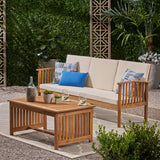 Carolina Outdoor Acacia Wood Sofa and Coffee Table Set, Teak and Cream Noble House