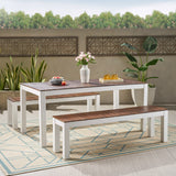 Bali Outdoor Contemporary 3 Piece Acacia Wood Picnic Dining Set with Benches, Dark Brown and White Noble House