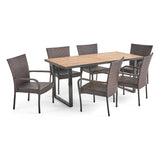 Banner Outdoor 6-Seater Rectangular Acacia Wood and Wicker Dining Set, Teak with Black and Multi Brown