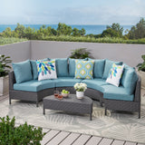 Newton Outdoor 4 Seater Curved Wicker Sectional Sofa Set with Coffee Table, Gray and Teal Noble House