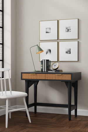 Larsen Mini Desk in Black & Natural - Stylish Mahogany, Textured Drawers, Gold Hardware, 2 Drawers