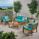 Santa Ana Outdoor 4 Seater Acacia  Wood Chat Set with Cushions, Teak and Teal Noble House