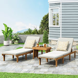 Ariana Outdoor Acacia Wood 3 Piece Chaise Lounge Set with Water-Resistant Cushions, Teak and Cream Noble House