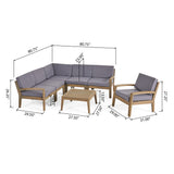 Grenada Outdoor Acacia Wood 6 Seater Sectional Sofa and Club Chair Set with Coffee Table, Gray and Dark Gray Noble House
