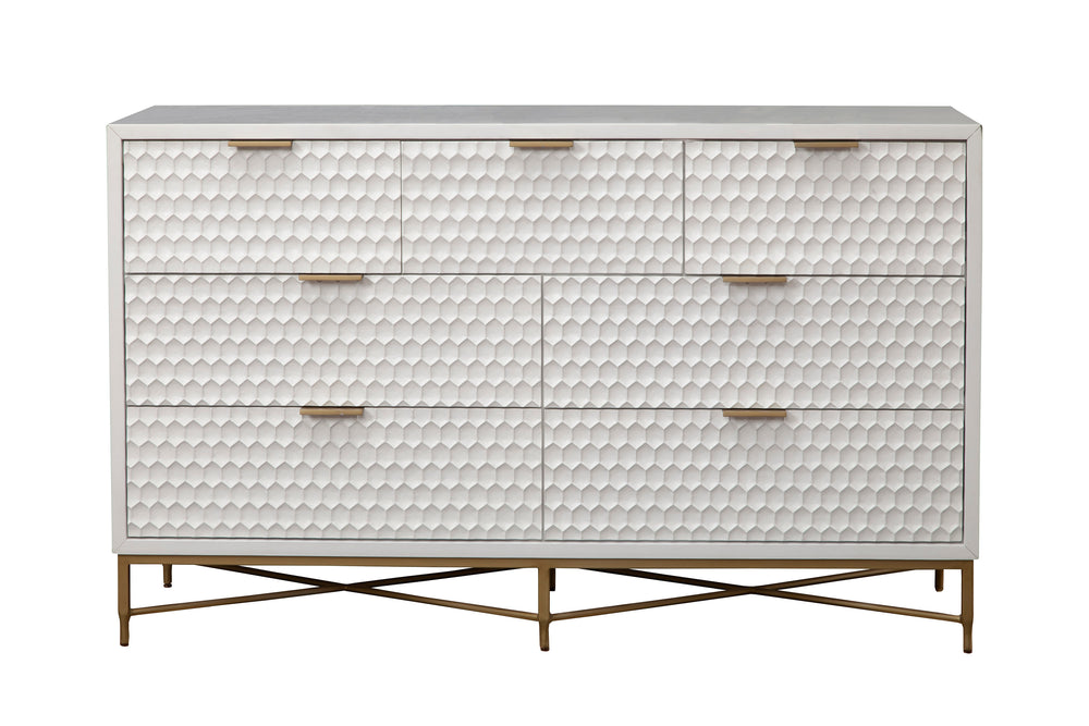 White Pearl Dresser with 7 Drawers, Textured Fronts & Gold Accents - Contemporary Storage Solution