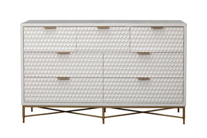 White Pearl Dresser with 7 Drawers, Textured Fronts & Gold Accents - Contemporary Storage Solution