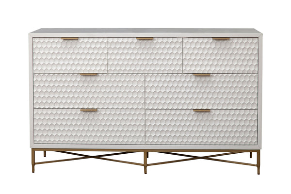 White Pearl Dresser with 7 Drawers, Textured Fronts & Gold Accents - Contemporary Storage Solution