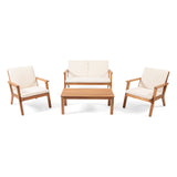 Temecula Outdoor Acacia Wood 4 Seater Chat Set with Cushions, Brown Patina and Cream Noble House