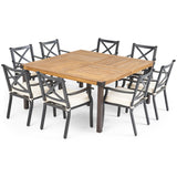 Noble House Esfera Outdoor 8 Seater Acacia Wood and Cast Aluminum Dining Set with Cushions, Teak Finish and Black