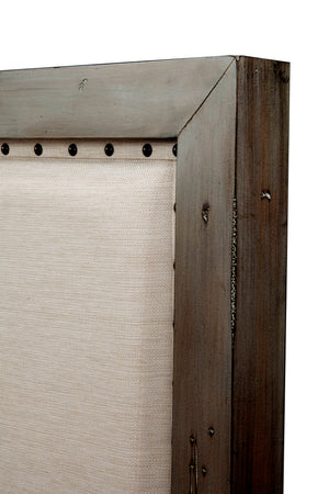Classic California King Headboard – Elegant Pine & Linen Upholstered Design with Antique Gray Finish