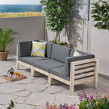 Oana Outdoor Modular Acacia Wood Sofa with Cushions, Weathered Gray and Dark Gray Noble House