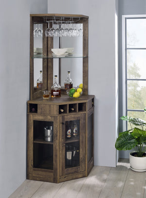 Country Rustic Corner Bar Cabinet with Stemware Rack Rustic Oak