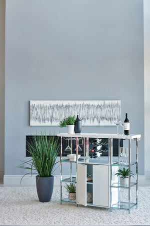 Contemporary Bar Cabinet with Chrome Frame, Glass Shelves, Wine Rack & Built-in Power Outlet