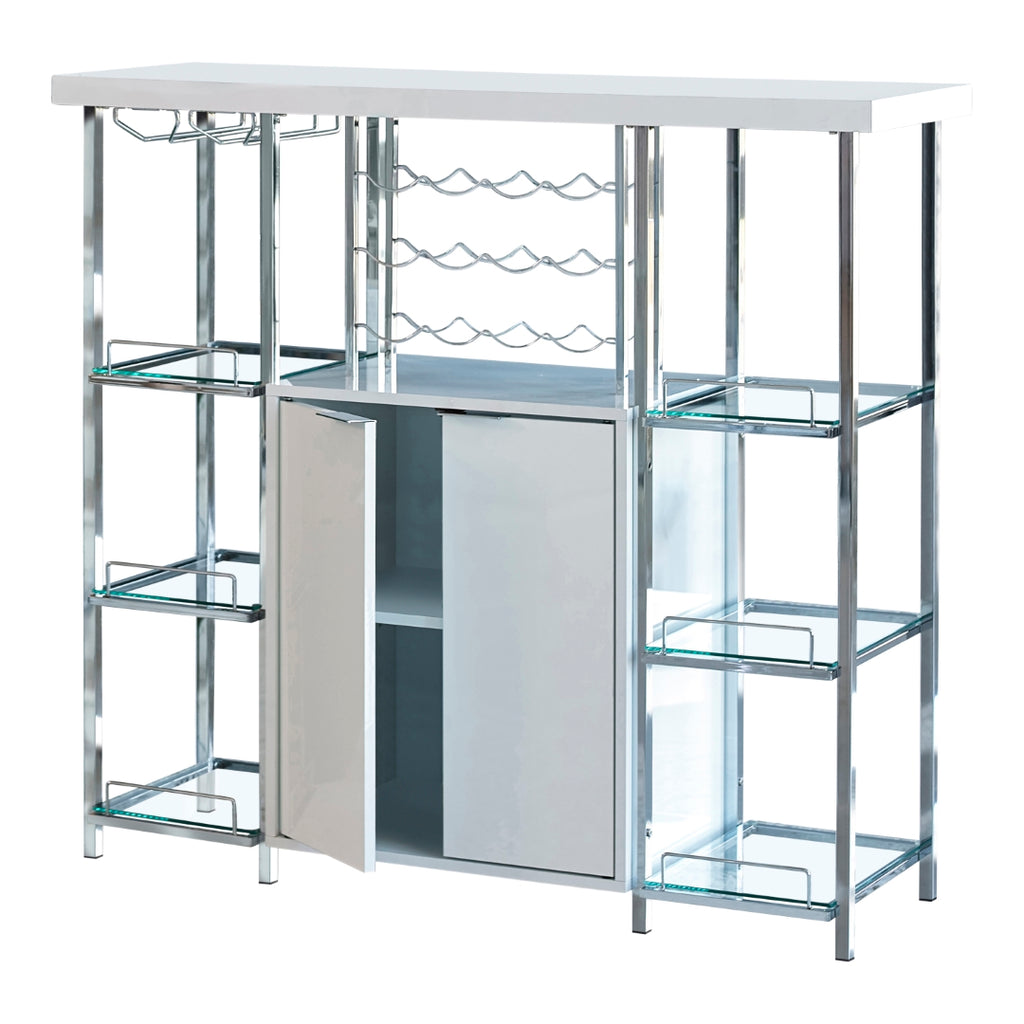 Contemporary 2-door Bar Cabinet with Glass Shelf High Glossy White and Chrome