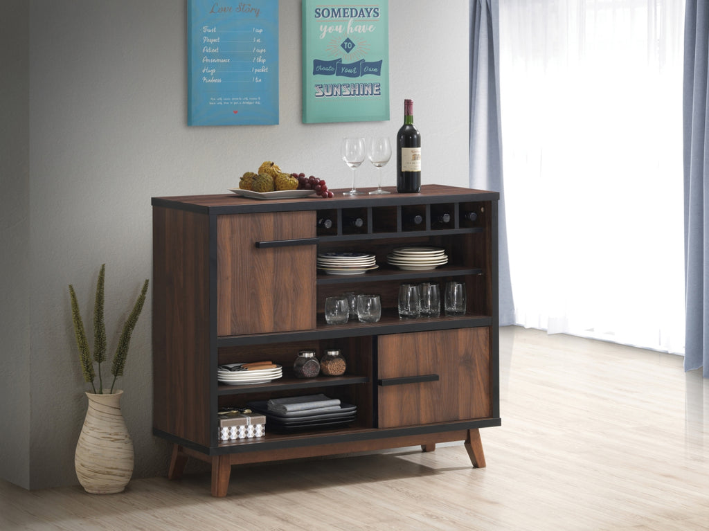 Modern Wine Cabinet with 2 Sliding Doors Walnut and Black