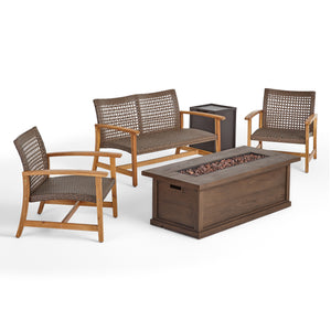 Breakwater Outdoor 5 Piece Wood and Wicker Chat Set with Fire Pit, Mixed Mocha and Brown Noble House