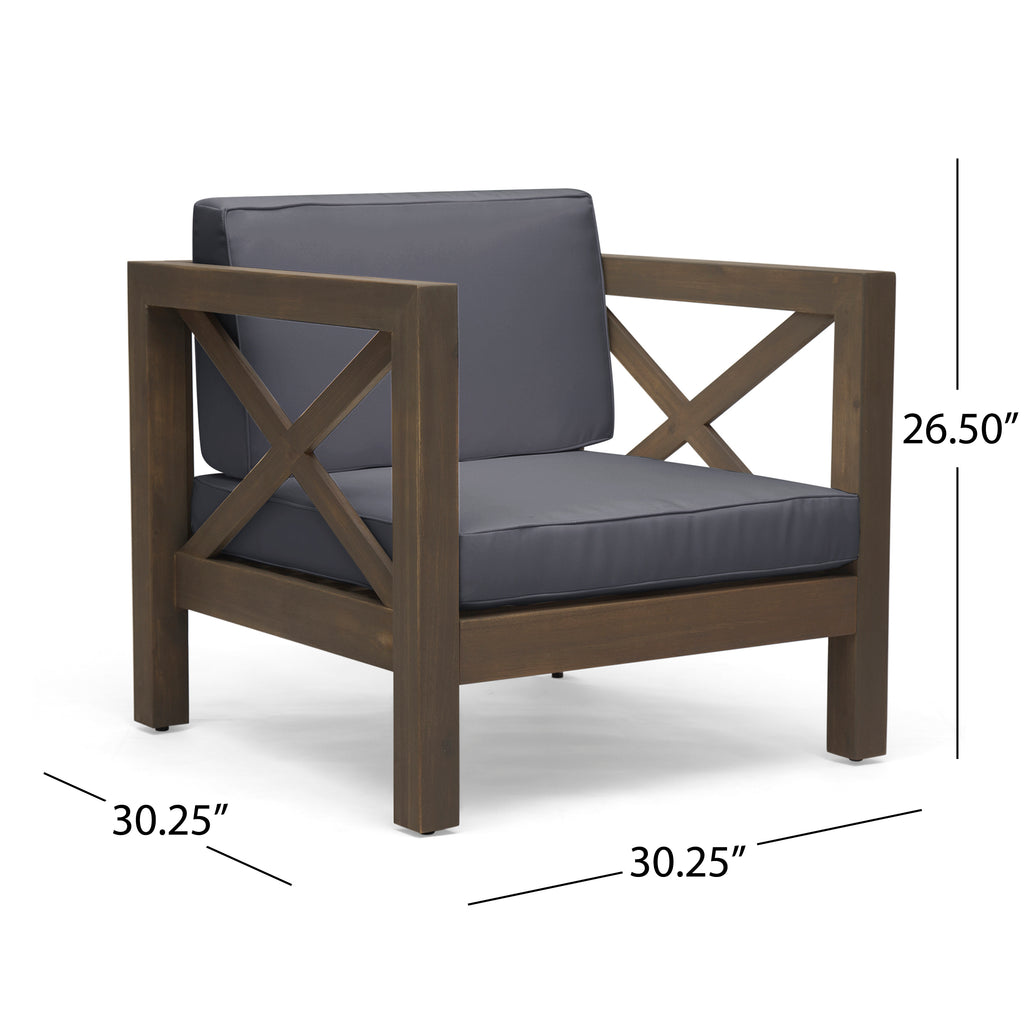 Brava Outdoor Acacia Wood Club Chairs with Cushions, Gray Finish and Dark Gray Noble House