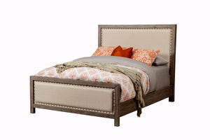 Classic California King Panel Bed - Antique-Inspired Design with Upholstered Headboard & Brass Trim