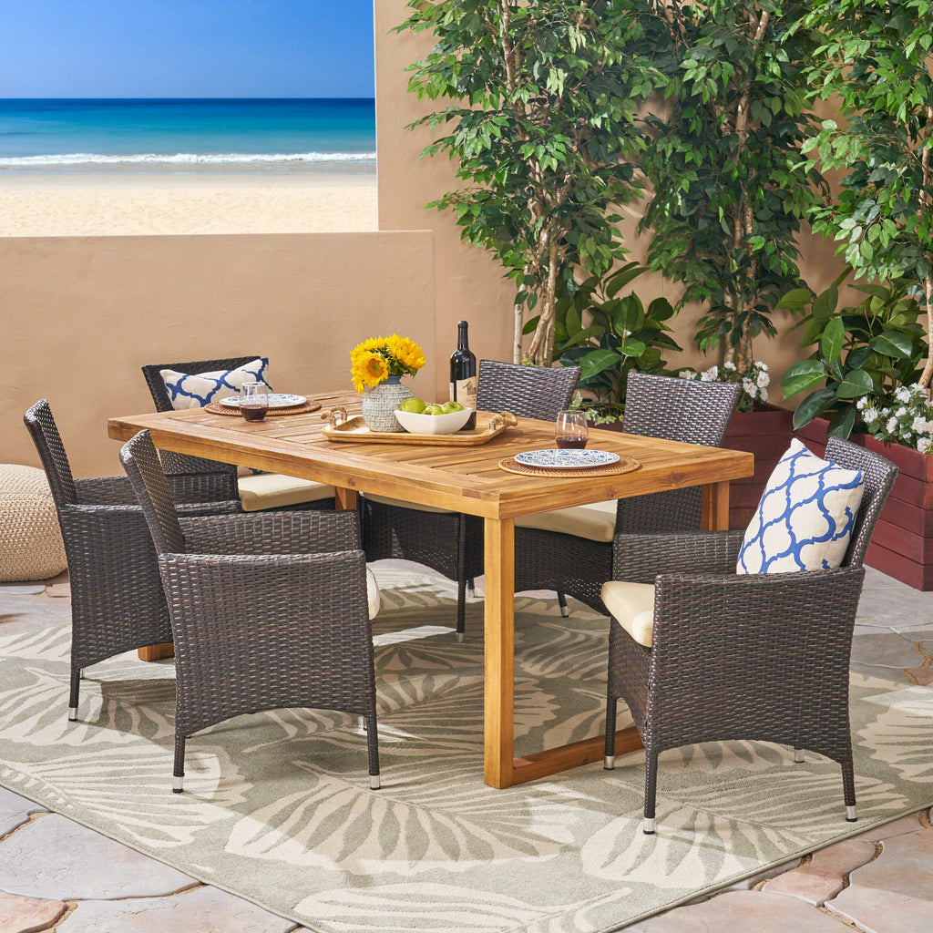 Moralis Outdoor 6-Seater Acacia Wood Dining Set with Wicker Chairs, Sandblast Natural Finish and Multi Brown and Beige Noble House