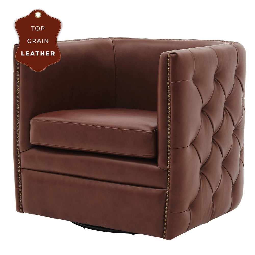 Leslie Top Grain Leather Swivel Tufted Chair Garrett Brown