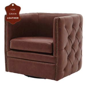 Leslie Top Grain Leather Swivel Tufted Chair Garrett Brown