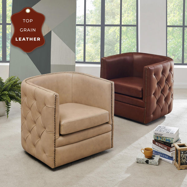 Leslie Top Grain Leather Swivel Tufted Chair Garrett Beige