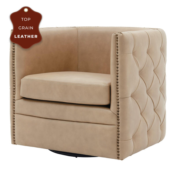 Leslie Top Grain Leather Swivel Tufted Chair Garrett Beige