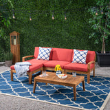 Grenada Outdoor Mid-Century Modern 3 Seater Acacia Wood Sectional Sofa with Coffee Table and Ottoman, Teak and Red Noble House
