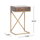 Bucyrus Rustic Glam Handcrafted Acacia Wood C-Shaped Side Tables, Dark Brown and Gold Noble House