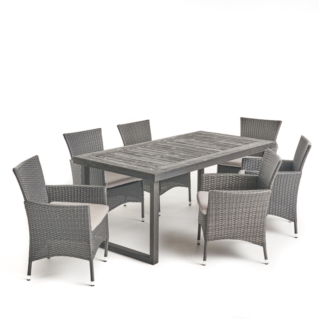 Moralis Outdoor 6-Seater Acacia Wood Dining Set with Wicker Chairs, Sandblast Dark Gray Finish and Gray and Silver Noble House