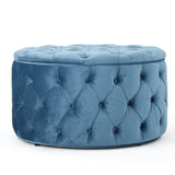 Zelfa Modern Glam Tufted Velvet Round Ottoman, Baby Blue and Black Noble House