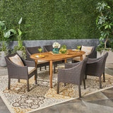 Stamford Outdoor 7-Piece Acacia Wood Dining Set with Wicker Chairs, Teak Finish And Multi Brown and Beige Noble House