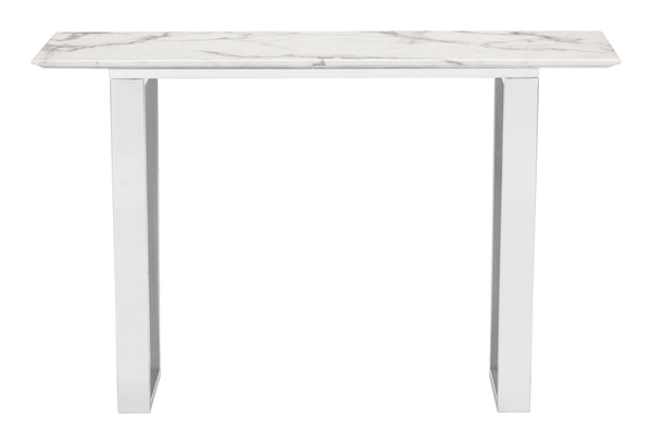 Zuo Modern Atlas Composite Stone, Stainless Steel Modern Commercial Grade Console Table White, Silver Composite Stone, Stainless Steel