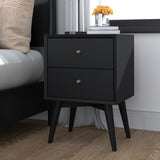 Alpine Furniture Flynn Mid Century Modern 2 Drawer Nightstand, Black 966BLK-02 Black Mahogany Solids & Okoume Veneer 18 x 15 x 26