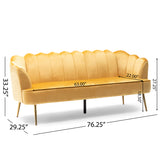 Reitz Modern Glam Velvet Channel Stitch 3 Seater Shell Sofa, Honey Yellow and Gold   Noble House