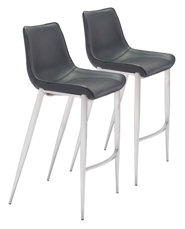 Zuo Modern Magnus 100% Polyurethane, Plywood, Stainless Steel Modern Commercial Grade Barstool Set - Set of 2 Black, Silver 100% Polyurethane, Plywood, Stainless Steel