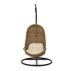 Ripley Outdoor Wicker Hanging Chair with Stand, Light Brown and Beige Noble House