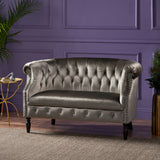 Milani Tufted Chesterfield Velvet Loveseat with Scrolled Arms, Gray and Dark Brown Noble House