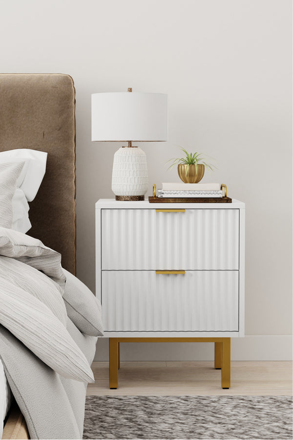 Casey Nightstand - Elegant White Mahogany with Gold Legs, Textured Drawers & Felt-Lined Top Drawer