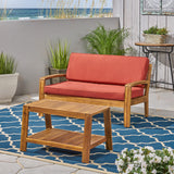 Grenada Loveseat and Coffee Table Set for Patio, Acacia Wood, Teak Finish with Red Outdoor Cushions Noble House