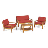 Grenada Patio Conversation Set with Coffee Table, 4-Seater, Acacia Wood, Teak Finish with Red Outdoor Cushions Noble House