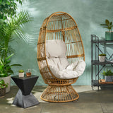 Pintan Outdoor Wicker Swivel Egg Chair with Cushion, Light Brown and Beige Noble House