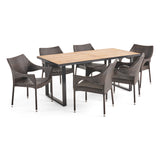 Welch Outdoor 6-Seater Rectangular Acacia Wood and Wicker Dining Set, Teak with Black and Multi Brown
