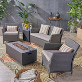 Noble House St. Lucia Outdoor 4 Seater Wicker Chat Set with Fire Pit, Gray and Dark Gray