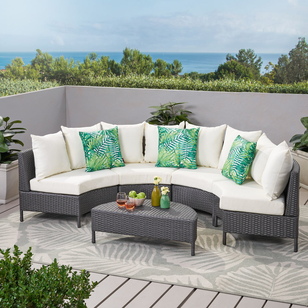 Newton Outdoor 4 Seater Curved Wicker Sectional Sofa Set with Coffee Table, Gray and White Noble House