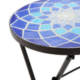 Azure Outdoor Blue and White Glass Side Table with Iron Frame Noble House