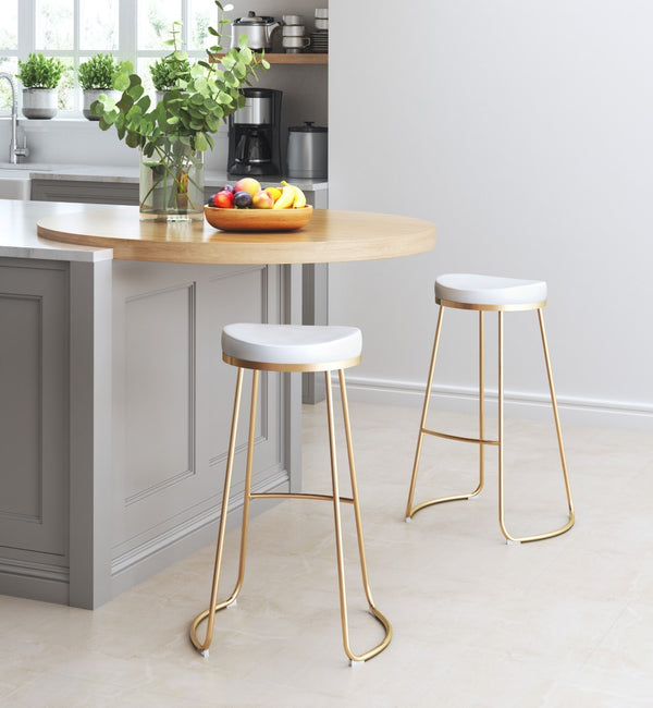Zuo Modern Bree 100% Polyurethane, Plywood, Stainless Steel Modern Commercial Grade Barstool Set - Set of 2 White, Gold 100% Polyurethane, Plywood, Stainless Steel