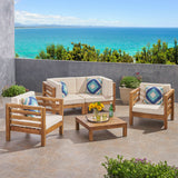 Noble House Oana Outdoor 4 Seater Acacia Wood Loveseat Chat Set, Teak Finish and Beige 