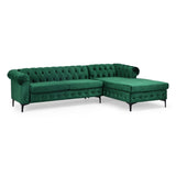 Burland Contemporary Velvet 3 Seater Sectional Sofa with Chaise Lounge, Emerald and Black