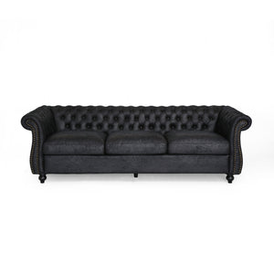 Somerville Chesterfield Tufted Microfiber Sofa with Scroll Arms, Black Noble House
